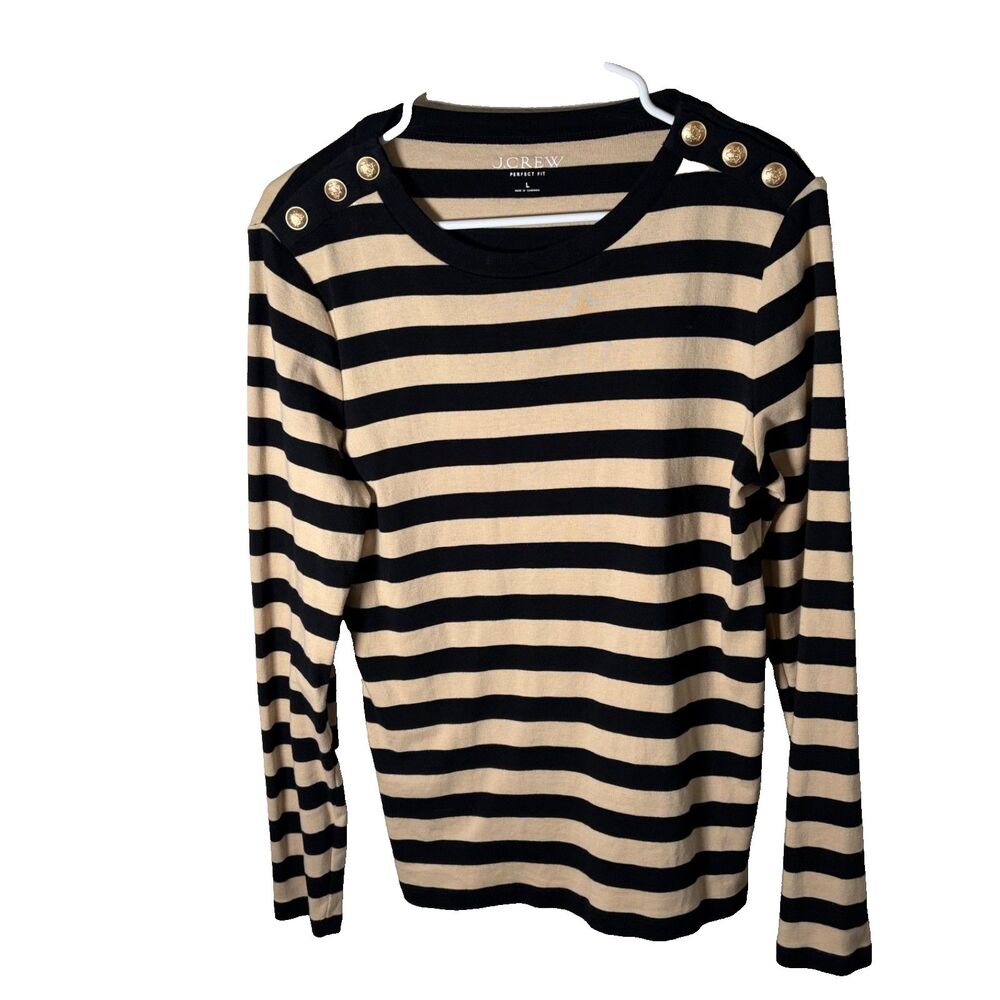 J Crew Shirt Women's Large Perfect Fit Beige Black Striped Top Button